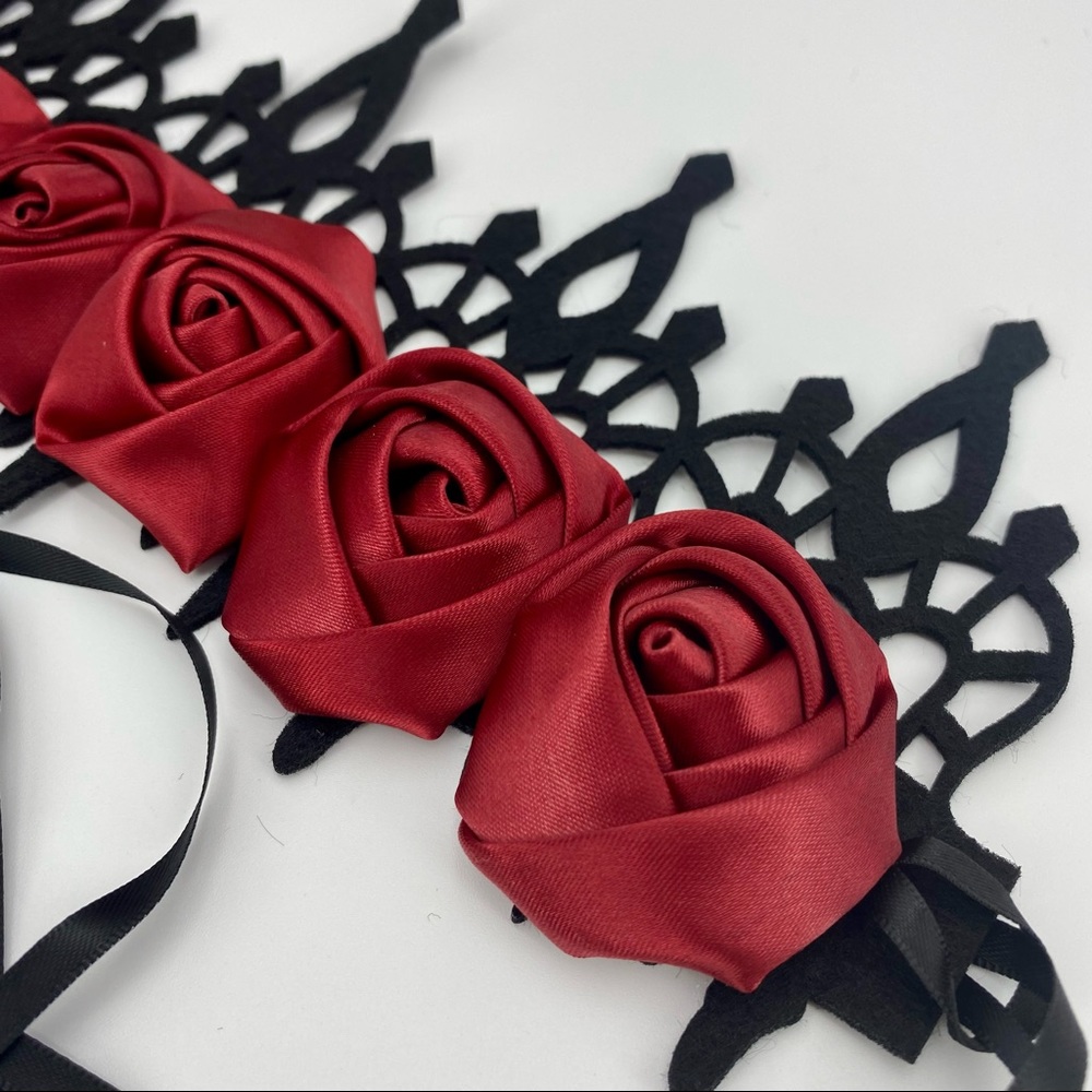 Midnight Rose Gothic Crown – Ornate Black Lace & Crimson Satin Rose Headband - Picture 10 of 11